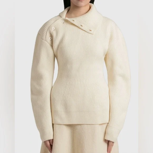 Jil Sander Asymmetric Button Turtleneck Knit Sweater Ivory Long Sleeve Sz 34-S/M - Picture 12 of 16